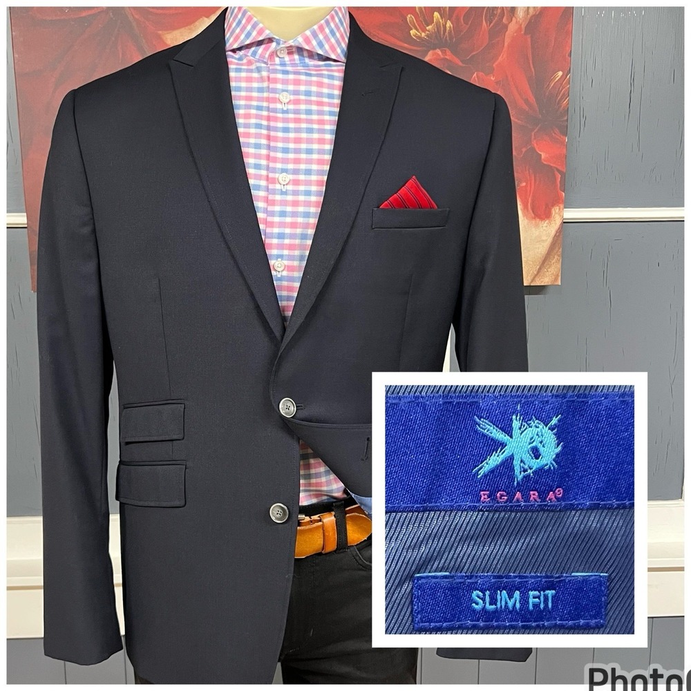 Egara‎ Suit Jacket Blazer Mens 46R Slim Fit Wool Polyester Dark Navy Peak Lapel